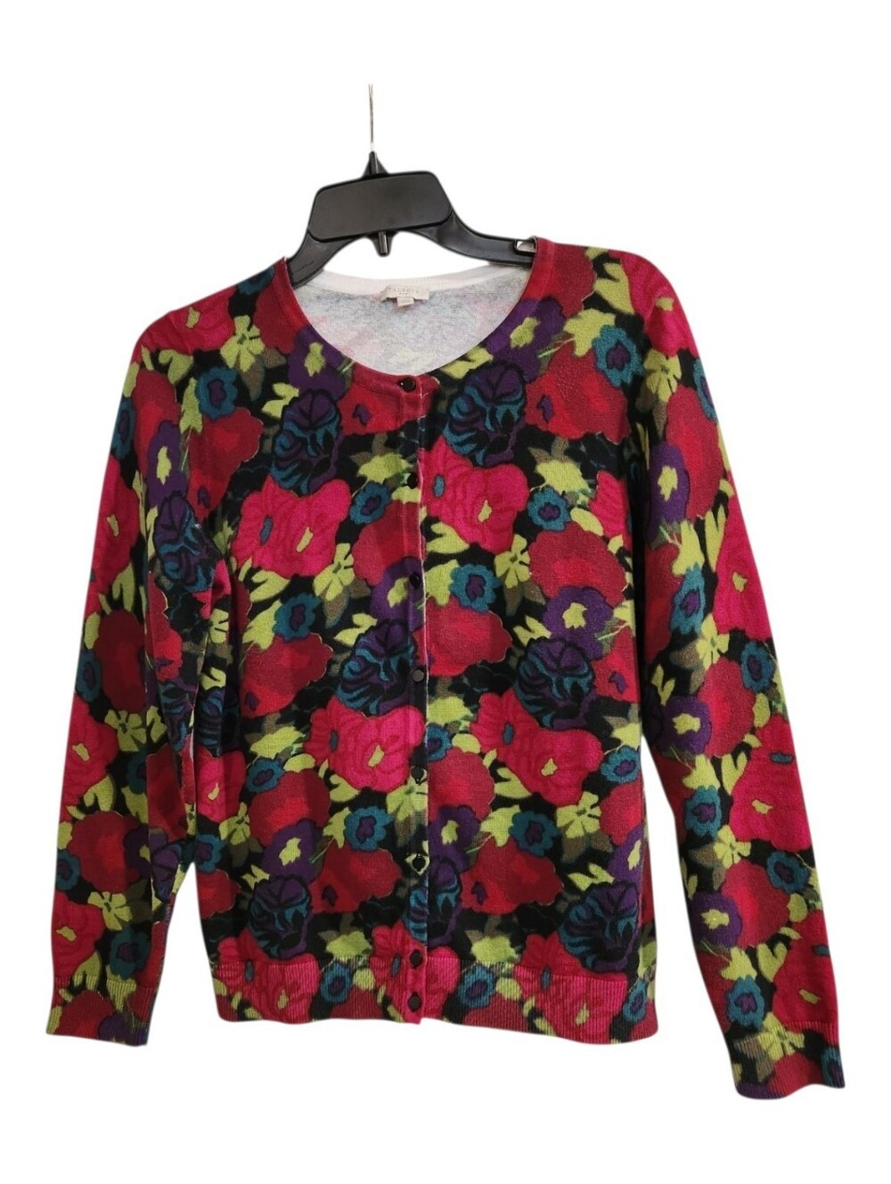 Talbots Womens Sz L Cardigan Bold Floral Pattern Button Up Sweater 100% Cotton